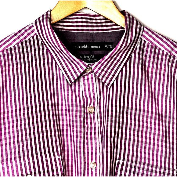 Stockhomme Mens Shirt Slim Fit Casual Short Sleeve Purple Plaid Size XXL - Picture 3 of 9